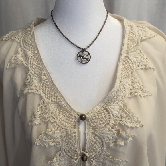Entro Size Small Top Ecru Doily Lace Accents Rouleau Button Loops - Picture 4 of 16